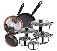 San Ignacio Bateria de cocina 8 piezas en acero inoxidable, con juego de sartenes Premium (20,24 y 28 cm) en aluminio forjado, inducción, PK3156