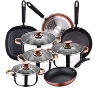 San Ignacio Bateria de cocina 8 piezas Premium Nona, acero inoxidable, con juego sartenes (20/24/28 cm) y grill 28 cm Moma en aluminio forjado, Rosa