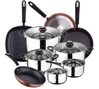 San Ignacio, Bateria de cocina 8 piezas Toledo, acero inoxidable, con juego sartenes (20/24/28 cm) y grill 28 cm Moma en aluminio forjado