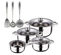 San Ignacio Cassel Batería de cocina 7 piezas Cazo Ø16 / Cacerolas Ø18 Ø20 y Ø24, acero inoxidable, inducción + Set utensilios de cocina 3pcs en acero inoxidable con mangos decorados efecto martillado