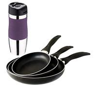 San Ignacio PK1160 Premium Set de 3 sartenes y 1 Termo de Viaje 400 ml. Morado, Negro