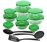 San Ignacio Plus Set 20pcs: 10 boles+10 tapas Energy verdes + utensilios cocina nylon - boles de cristal, 2 juegos de: Ø9 (150ml) / Ø10,5 (200ml) / Ø12,5 (350ml) / Ø14 (500ml) / Ø17, 900ml