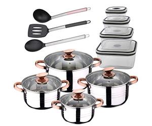 San Ignacio Premium - Bateria de 8 piezas, 4 fiambreras y 3 Utensilios, acero inoxidable, color cobre, 1.9L -2.7L -3.5L-5.1L