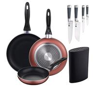 San Ignacio Set 3 sartenes Ø16/20/24 cm, aluminio prensado, aptas para inducción + Set 4 cuchillos de cocina: Chef, Santoku, Pelador y muliusos, mango en silicona, PK3384