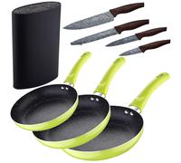 San Ignacio Set 3pc Sartenes Aluminio Prensado Verde + Set 4pc Cuchillos Acero Inoxidable + Soporte Universal