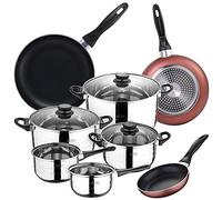 San Ignacio Set Batería de cocina de 8 piezas acero inoxidable + 3 sartenes Ø16/20/24 cm aluminio prensado, aptas para inducción, PK3361
