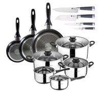 San Ignacio Set de 3 sartenes 16-20-24 cm en aluminio prensado + Batería de Cocina 8 Piezas: 2 cazos ø16 y ø18; ollas ø20 ø24 y ø28 + Juego de Cuchillos de cocina