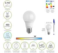 Bombilla led estandar rosca e27. 4.9 watt. equivale a 40 watt. 480 lumenes. luz fria (6500º k.)