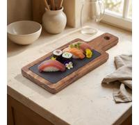 Santa Clara | Bandeja de Pizarra con Base y Mango de Madera Acacia 30x12x1,5cm, Fuente de Servir Comida Gourmet Rectangular para Aperitivos, Quesos y Tapas, Bandeja Presentación para Cocina