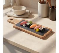Santa Clara | Bandeja de Pizarra con Base y Mango de Madera Acacia 40x12x1,5cm, Fuente de Servir Comida Gourmet Rectangular para Aperitivos, Quesos y Tapas, Bandeja Presentación para Cocina