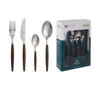 SANTA CLARA | Cubertería completa 16 piezas de acero inoxidable con mango efecto madera, juego de cubiertos con cuchillo, tenedor, cuchara, cucharilla de postre, servicio para 4 personas, Gama Lagares