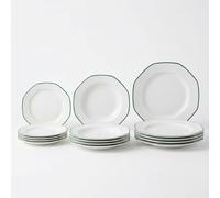 SANTA CLARA | Vajilla Completa 12 Piezas Porcelana Extra Blanca para 4 Personas, Apta Microondas y Lavavajillas, Vajilla Alma Verde Decorada Forma Octogonal para Hogar y Cocina
