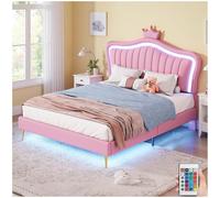 Sapgaks - Cama infantil con lámparas LED, doble corona blanca de piel sintética, cabaña infantil, 140 x 200 cm, somier de láminas y respaldo, rosa (colchón no incluido)