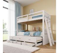 Sapgaks Litera infantil con cama nido y 3 cajones, se puede dividir en dos camas infantiles de 90 x 200, cama cabaña infantil 90 x 200 con escalera y guardarropa alto (B-Blanco)