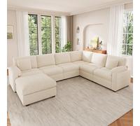 Sapgaks Sofá Convertible de 7 plazas en U/L con Pufs Móvil, Sofá de esquina grande Convertible de pana con cojines, Sofá Modular Multifuncional en el Salón Appt, Beige