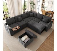 Sapgaks Sofá de esquina convertible de 7 plazas, sofá cama, sofá convertible, lámpara de lectura LED, puerto USB/Type-C, almacenamiento en el apoyabrazos, mesa plegable, portavasos y 3 cojines (Gris)