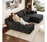 Sapgaks - Sofá esquinero de 241 cm con 1 taburetes, sofá de 3 plazas de pana con asiento profundo y ángulo integrado, sofá convertible modular, chaise longue orientada a la derecha, color negro