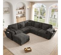 Sapgaks Sofá esquinero, sofá modular de 6 plazas, con puertos USB y tipo C, soporte para vasos y almacenamiento integrados, tejido chenille, con 7 cojines, para sala de estar, dormitorio y oficina