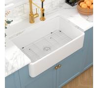 Sarlai Fregadero de cocina de granja blanco de 33 x 20 pulgadas, delantal | Fregadero de cocina de cerámica de arcilla refractaria extraprofundo de 33 x 20 x 10 pulgadas, lavabo de esquina redonda con