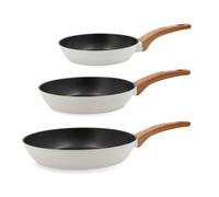 Sartén de aluminio forjado blanca Quid Cocco - Doble revestimiento antiadherente - Diámetros 18 a 28 cm - Apta inducción y cualqueir fuego - Mango robusto de madera y con acabado Soft Touch 20-24-28cm