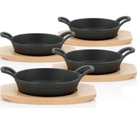 Sartén de hierro fundido para servir de la marca BBQ-Toro, con base de madera (juego de 4 unidades) | Diámetro: 16 cm