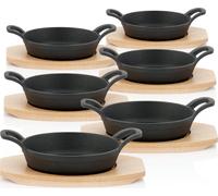 Sartén de hierro fundido para servir de la marca BBQ-Toro, con base de madera (juego de 6 unidades) | Diámetro: 16 cm