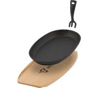 Sartén de hierro fundido Unyqoos®, pre-quemada, ovalada, de 27 x 18 x 3 cm, con base de madera, diseño liso, ideal para barbacoa, horno y camping