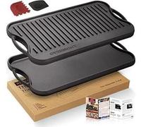 Sartén para parrilla de hierro fundido, reversible, de 43,2 x 24,9 cm, con asas, apta para cocinas de gas, fuegos abiertos y hornos. Incluye una bandeja y una espátula