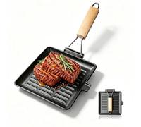 Sartén parrilla de hierro fundido 20 x 20 cm con mango plegable de madera, sartén de inducción para todo tipo de cocinas, sartén rectangular antiadherente para carne, pescado, verduras, plancha de