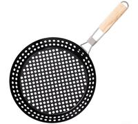 Sartén plegable de hierro para barbacoa con mango ergonómico de madera, parrilla de malla redonda para cocinar al aire libre y estufa, bandeja grande perforada para calefacción uniforme