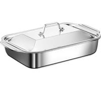 Sartén rectangular grande con asa ancha y tapa de acero inoxidable, disponible en tres tamaños: 37, 41 y 45 cm. También incluye una bandeja para servir y utensilios de cocina para hornear pescado, car