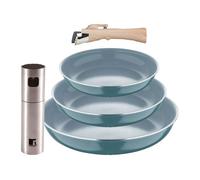 Bergner Click&Cook Juego de 3 Sartenes Ø18Ø20Ø24cm Aluminio prensado reciclado Verde con Mango extraíble+Delantal de Cocina Gris oscuro 100% Algodón