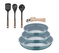 Bergner Click&Cook Juego de 3 Sartenes Ø18Ø20Ø24cm Aluminio prensado reciclado Verde con Mango extraíble+Delantal de Cocina Gris oscuro 100% Algodón