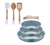 Bergner Click&Cook Juego de 3 Sartenes Ø18Ø20Ø24cm Aluminio prensado reciclado Verde con Mango extraíble+Delantal de Cocina Gris oscuro 100% Algodón