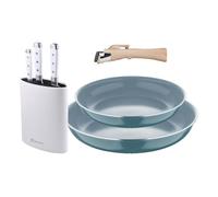 Bergner Click&Cook Juego de 2 Sartenes Ø22cm y Ø26cm con Mango extraíble en Aluminio prensado+Delantal de Cocina Gris oscuro 100% Algodón 75x80cm