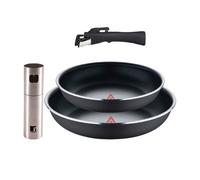 Bergner Click&Cook Juego de 2 Sartenes Ø22Ø26cm Aluminio prensado negro con Mango desmontable+Delantal de Cocina Gris oscuro 100% Algodón 75x80cm