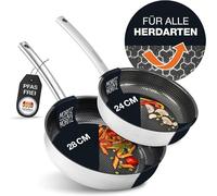 Sartenes de acero inoxidable de 24 y 28 cm con revestimiento cerámico de última generación, aptas para todo tipo de cocinas. Juego de sartenes antiadherentes con estructura de panal, ideales para coci