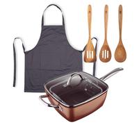 Sartenes en aluminio prensado, Utensilios de cocina de madera, Delantal gris 100% Algodón Optimum Copper Bergner Frying pan+madr