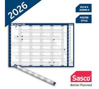 Sasco Planificador de pared original del año 2026 con bolígrafo de borrado húmedo y paquete de calcomanías, azul, estilo póster, 915 mm de ancho x 610 mm de alto