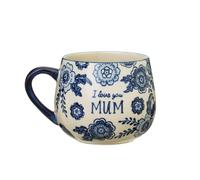 Sass & Belle Taza de sauce azul para mamá, taza de café floral con texto en inglés I Love You Mum, regalo para ella, taza de cerámica para el día de la madre, cumpleaños o momentos reflexivos