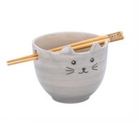 Sass & Belle Cuenco de fideos para gatos con palillos, bonito cuenco de cerámica para sopa, Pho, arroz, juego de cuencos para ramen, regalo para los amantes de los gatos, utensilios de cocina Sass and