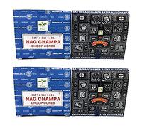 Satya Conos de Incienso Aromáticos, 4 Cajas de 12 uds Cada una, 2X Incienso Super Hit y 2X Nag Champa, Gran Duración Aroma Delicado