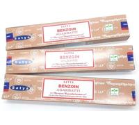 Satya - Incienso natural Benjoin, Varitas de Incienso - Lote de 3 paquetes de 15 g (45 varillas)