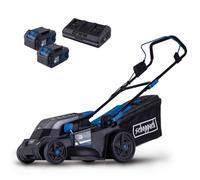 Scheppach BC-MP380-X - Cortacésped inalámbrico con batería y cargador, ancho de corte de 38 cm, jardines de 500 m², bolsa de césped de 45 L, incluye 2 baterías de 20 V y 4 Ah + cargador de 2,4 Ah