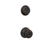 Schlage FB50N V GEO 716 B60 - Cerrojo de seguridad de un solo cilindro y perilla georgiana de entrada con llave F51 con llave igual, acabado de bronce envejecido
