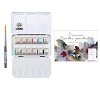 Schmincke Caja de pintura de acuarela Academy, caja de metal, 12 x 1/2 sartenes + bloque de tarjetas postales de acuarela Hahnemühle de 10,5 x 14,8 cm con mini pincel Da Vinci