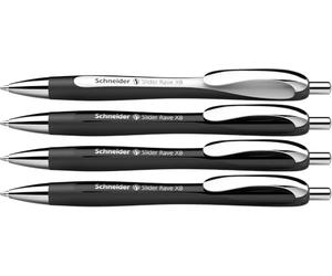 Schneider 132584 Slider Rave XB - Bolígrafo (edición especial limitada, 3 negros, 1 blanco, fabricado en Alemania), 4 unidades, color de escritura: azul