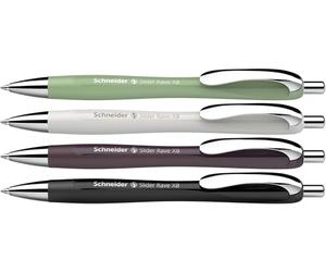 Schneider 132684 Slider Rave XB - Bolígrafo (edición especial limitada, 1 verde orgánico, gris plateado, ciruela, negro, fabricado en Alemania), 4 unidades, color de escritura: azul