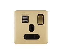 Schneider Electric Lisse - Enchufe de alimentación individual conmutado, 13 A, un solo poste, con 2 puertos de carga USB, 2.1 A compartido, GGBL30102USBABSBS, latón satinado con inserto negro
