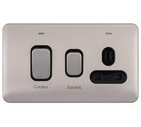 Schneider Electric Lisse Screwless Deco - Unidad de control de cocina conmutada con toma de corriente única, doble polo, indicador de neón, 45A, GGBL4001BSS, acero inoxidable con inserto negro